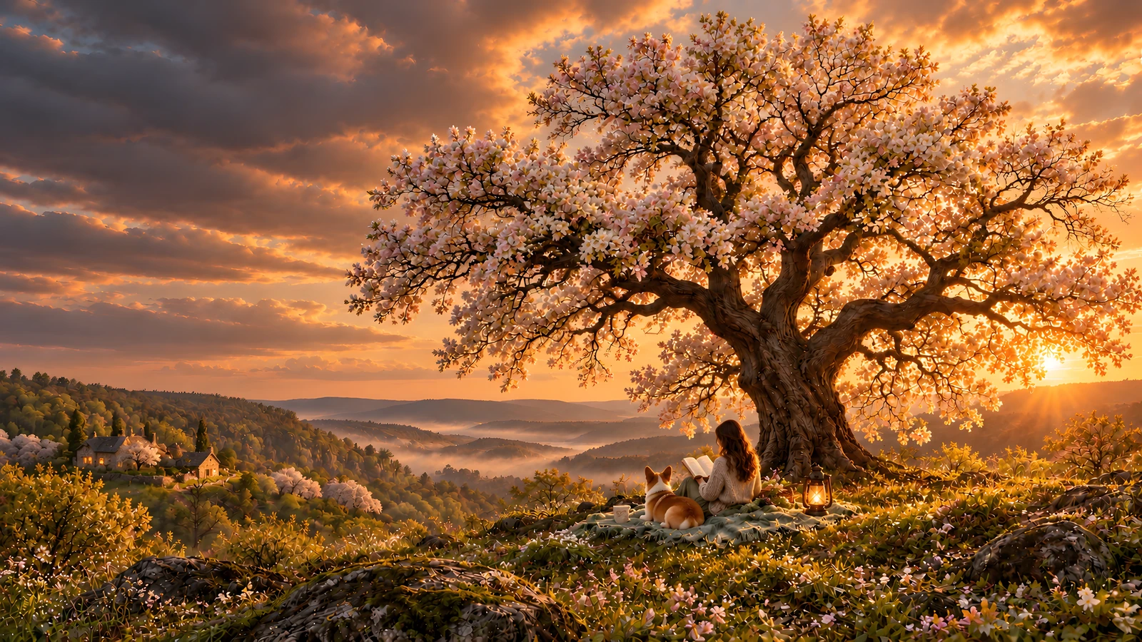 Custom example: A reading retreat, spring blossoms and a corgi.